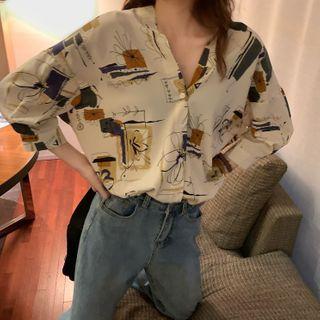 3/4-sleeve All-over Print Buttoned Blouse As Shown In Figure - One Size