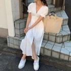 Short-sleeve Jacquard Midi Dress White - One Size