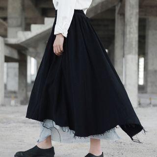 Frayed Hem Paneled A-line Maxi Skirt