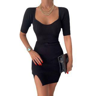 Knit Short-sleeve Mini Sheath Dress