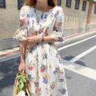 Elbow-sleeve Floral Print A-line Midi Dress White - One Size