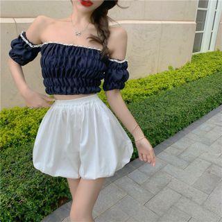 Off-shoulder Shirred Crop Top / Puffy Shorts