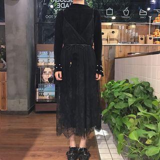 Set: Faux Pearl Long Sleeve Velvet Dress + Lace Slipdress