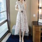 Flower Print Cut-out Short-sleeve Midi A-line Dress
