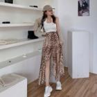 Knit Cardigan / Mock Two Piece Sleeveless Top / Printed Leopard Split Skirt