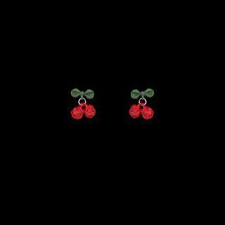 Cherry Drop Sterling Silver Ear Stud 1 Pair - S925 Silver Needle - Red & Green - One Size