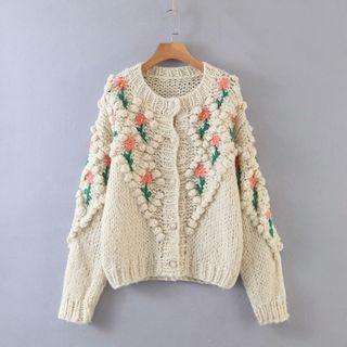 Floral Embroidered Cardigan Beige - One Size