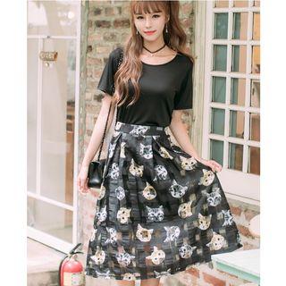 Set: Short-sleeve T-shirt + Cat Print Midi Skirt