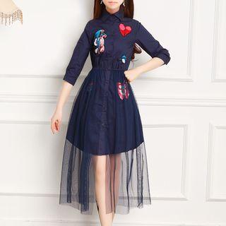 Batch Embroidered Mesh Overlay 3/4 Sleeve Shirtdress