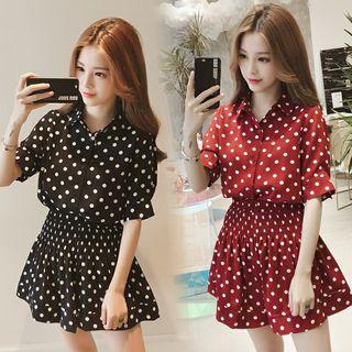 Set: Short-sleeve Dotted Shirt + Wide Leg Shorts