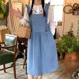 Frill Trim Denim Midi Overall Dress