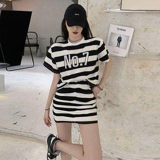 Set: Printed Stripe T-shirt + Shirred-front Mini Skirt