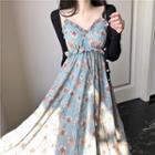 Plain Knit Cardigan / Flower Sleeveless Dress