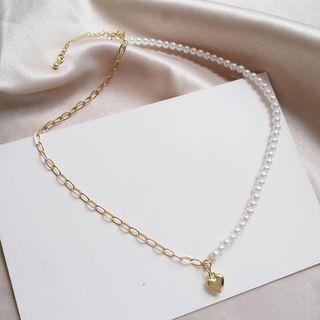 Heart Pendant Alloy Faux Pearl Necklace White - One Size