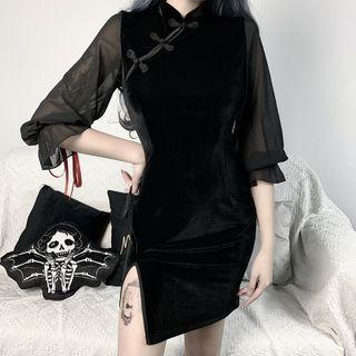 Elbow-sleeve Mesh Panel Mini Qipao Dress