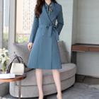 Set: Double-breasted Coat + Long-sleeve Floral Print A-line Dress