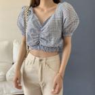Checked Puff-sleeve Crop Top