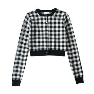 Round Neck Gingham Cropped Cardigan
