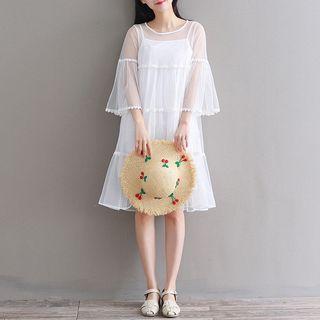 Set: 3/4-sleeve Mesh A-line Dress + Strappy Dress