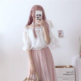 Cold Shoulder Elbow-sleeve Top / Pleated Midi Skirt