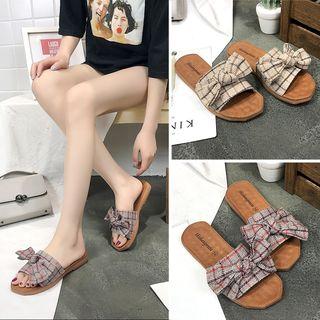 Bow-accent Check Slide Sandals