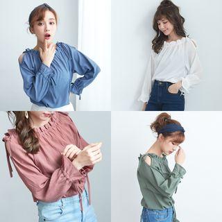 Cold Shoulder Lace Up Frilled Trim Top