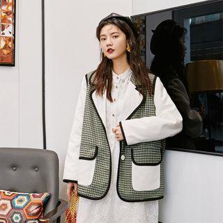 Mock Two-piece Plaid Panel Button-up Jacket