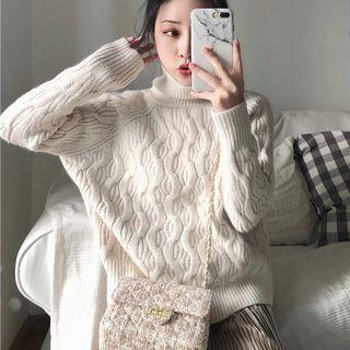 Turtleneck Cable Knit Sweater White - One Size