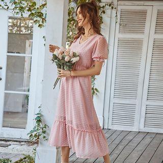 Puff Sleeve V-neck Dotted Ruffled-hem Maxi Dress