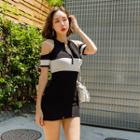 Slit-shoulder Contrast-trim Mini Dress Black - One Size