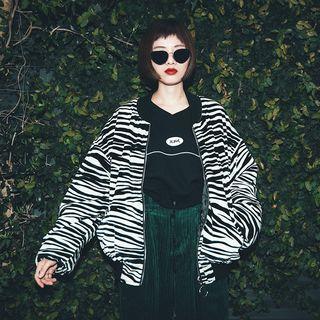 Tiger Print Lettering Embroidered Zip Baseball Jacket