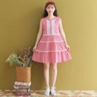 Sleeveless Lace Trim Checker A-line Mini Dress