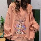 Lace Panel Deer Print Sweatshirt