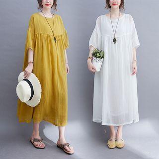 Short-sleeve Plain Loose-fit Midi Dress