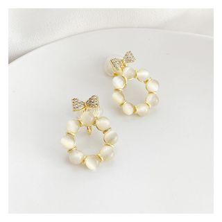 Bow Faux Cat Eye Stone Hoop Alloy Dangle Earring 1 Pair - Clip-on Earrings - Gold - One Size