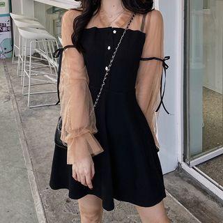 Mesh-sleeve Lace-up A-line Dress