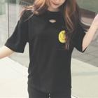 Smiley Face Print Cut Out Detail Elbow Sleeve T-shirt