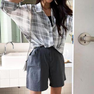 Set: Bubble-hem Plaid Shirt + Cami Ivory - One Size