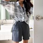 Set: Bubble-hem Plaid Shirt + Cami Ivory - One Size