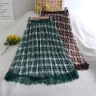 Plaid Lace Trim Midi A-line Skirt