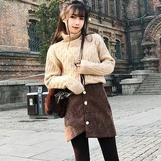 Turtleneck Cable-knit Sweater / Button-detail Mini A-line Skirt / Set