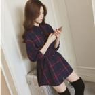 Long-sleeve Windowpane Belted Mini Shirtdress