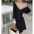 V-neck Color Block Knit Long-sleeve Dress