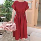 Short-sleeve Midi A-line Dress Wine Red - One Size
