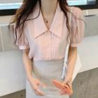 Collared Puff-sleeve Pintuck Blouse Pink - One Size
