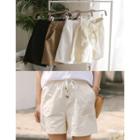 Drawstring-waist Button-trim Linen Blend Shorts