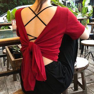 Short-sleeve Ribbon Back T-shirt / Plain Harem Pants