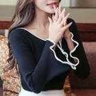 Contrast Trim Bell-sleeve Knit Top Black - One Size