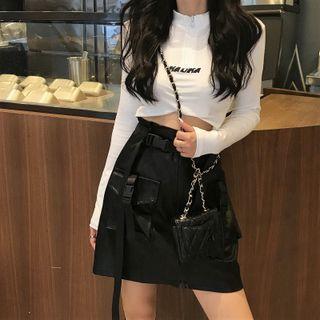 Long-sleeve Lettering Slim-fit Cropped Top White - One Size