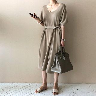 V-neck Midi Knit Dress With Sash
